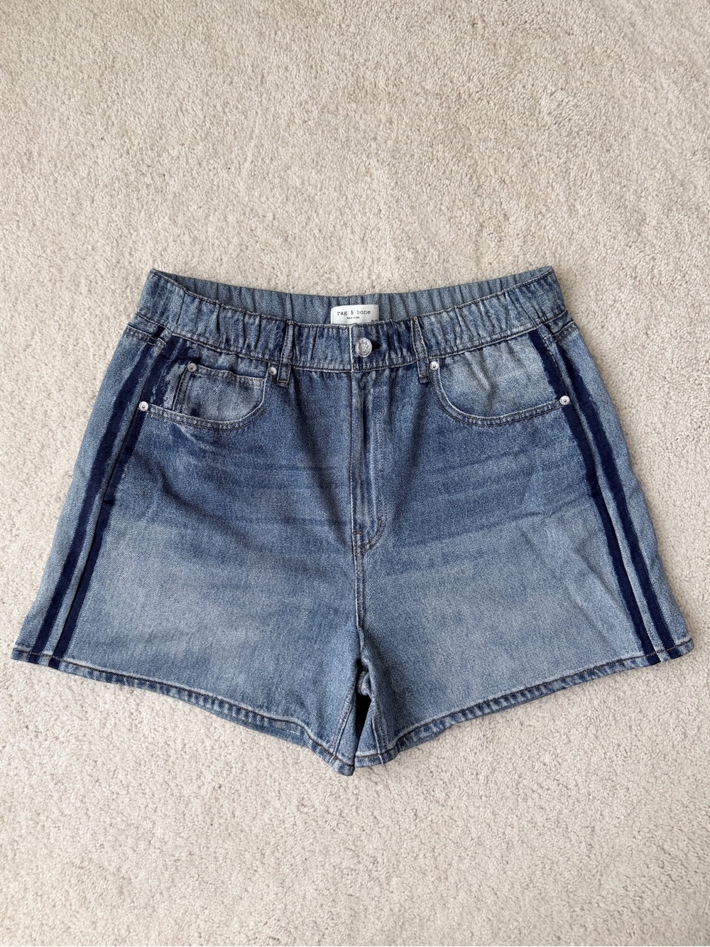 rag & bone terry cloth Light Blue Denim Shorts with Dark Blue Side Stripes